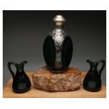 Mexican Silver Overlay Green Glass Decanters, (3)