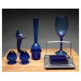 Cobalt Blue Glass Vases, Farber Bros. Caddy, (7)