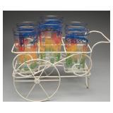 Hazel Atlas Mexican Scene Glasses in Wire Cart Set