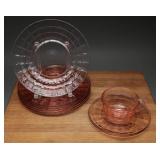 Pink Depression Glass Block Optic Dinnerware, (9)