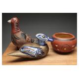 Mexican Pottery Birds, Clay Pot & Brass Duck