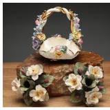 Capodimonte Flower Basket & Candle Holders (3)
