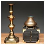 Brass Candlestick, Vase & Painted Coaster Set