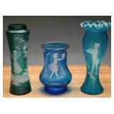 Mary Gregory Style Blue & Green Glassware, (3)
