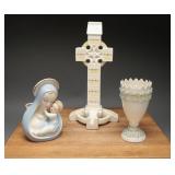 Belleek Porcelain Cross, Cup & Figural Mary Vase