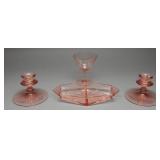 Pink Depression Glass Divided Dish, Candlesticks 4