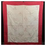 Vintage Redwork Embroidered Storybook Animal Quilt