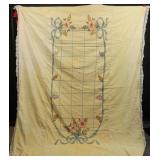 Vtg Embroidered Yellow Bedspread w/ Crocheted Edge