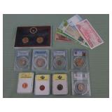1 BAG WITH COLLECTABLE COINS & CURRENCY