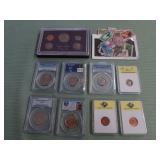 1 BAG WITH COLLECTABLE COINS & STAMPS