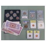 1 BAG WITH COLLECTABLE COINS & CURRENCY