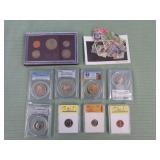 1 BAG WITH COLLECTABLE COINS & STAMPS