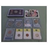 1 BAG WITH COLLECTABLE COINS & STAMPS