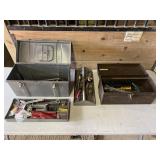 2 tool boxes filled with wrenches, snips, & more