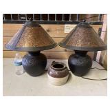 2 antique metal lamps & small stoneware crock