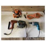Stapler, jig saw, router saw, drill, extend cord