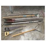 Saws, rakes, post hole digger, & weed cutter