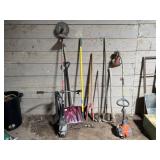 2 gas weed trimmer, shovels, hoes, pick, & more