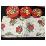 Vintage Christmas Tins and vinyl tablecloth