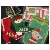 Vtg Christmas lot 2 stockings NOS bib tablecloth
