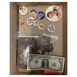 10 Nixon campaign pins, bag of wheat Pennieï¿½s,