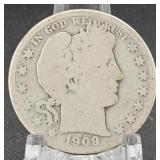 90% Silver 1909-O Barber Half Dollar