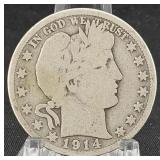 90% Silver 1914-S Barber Half Dollar