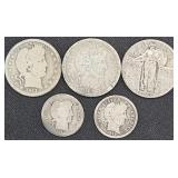 Early 1900s 90% Silver Quarters(x3) and Dimes(x2)