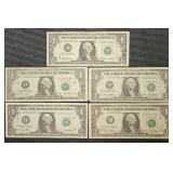 5x Federal Reserve $1 Star Notes