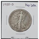 KEYDATE 90% Silver,1938-D Walking Liberty Half Dol