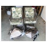 2 patio chairs both w seat covers & glass table