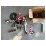 Box of misc Christmas decor and greenery