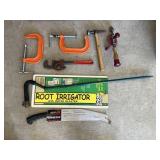 Root irrigator, c-clamps, pruning saw, & more