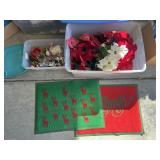 Tote of poinsettas, 2 floor mats, tub of decor