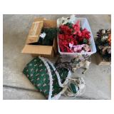 Tote of Poinsettias & box of Christmas decor