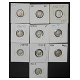 10x Mixed Date 90% Silver Barber/Mercury Dimes