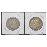 1905-S Barber, 1942 Walking Liberty Half Dollars