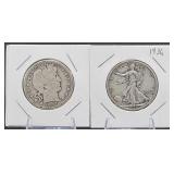 1907-O Barber, 1936 Walking Liberty Half Dollar