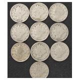 10x Mixed Dates Liberty Head "V" Nickels