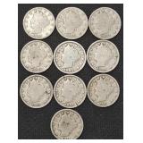 10x Mixed Dates Liberty Head "V" Nickels