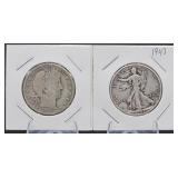 1913-D Barber, 1943 Walking Liberty Half Dollars