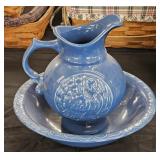 Vintage Blue Ceramic McCoy Pitcher and Bowl