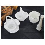 4x Milk Glass: Baskets, Flower Vase, Bowl