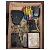 Assorted ammo, clips, binoculars & flambeau