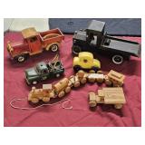 Flat of Metal and Wood Toy Trucks/Train