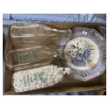 3 vintage milk bottles & plate