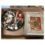 Container of sewing buttons & hop along lunchbox