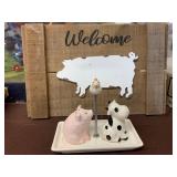 Cow & pig salt n pepper shakers, pig welcome sign