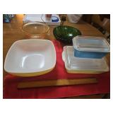 3 pieces of Pyrex, amber mixing bowl,  forest