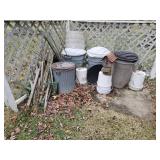 Trash cans,  buckets, & garden stakes